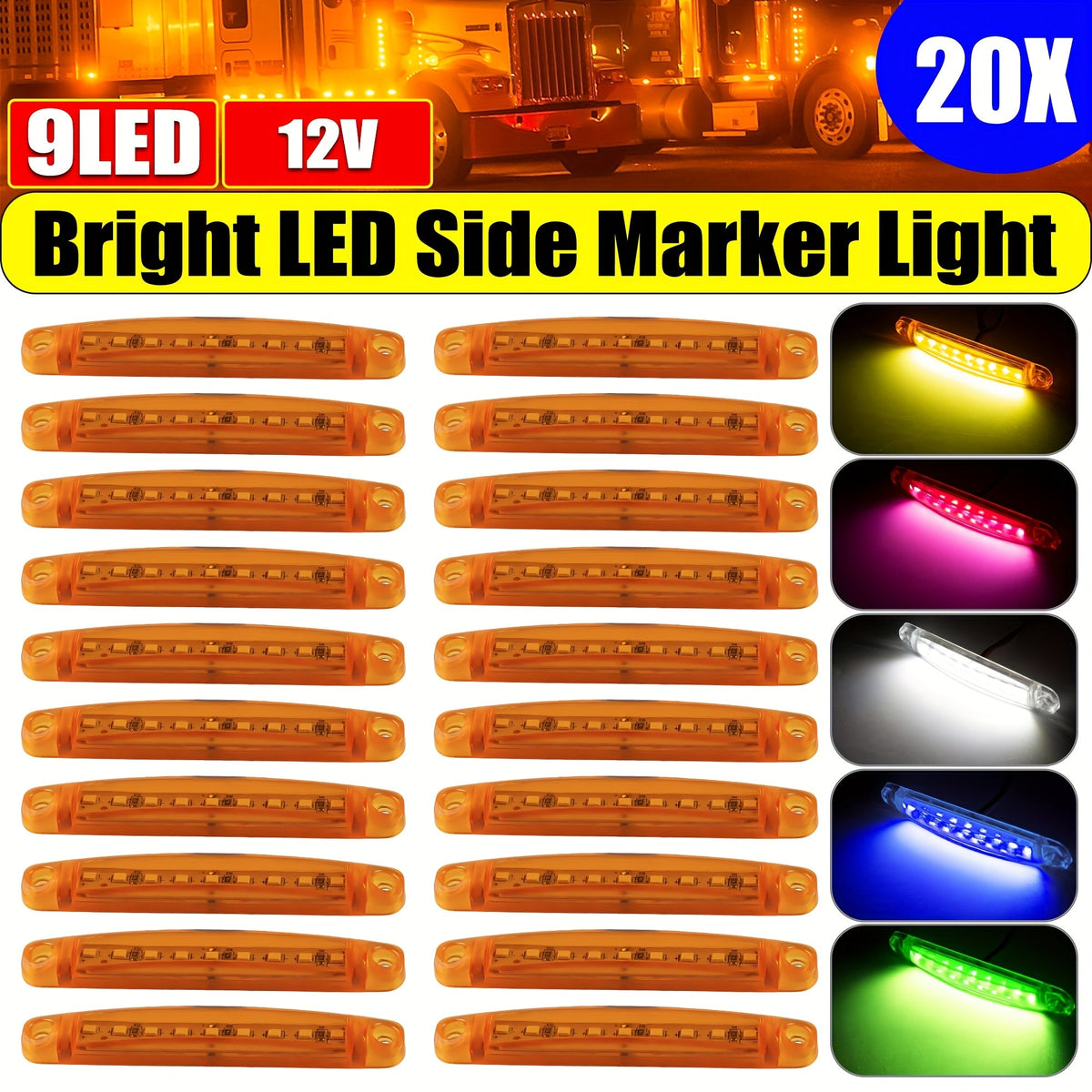 LED Side Marker Lights 12V 9-LED Indicator Lamp Bar 20pcs for Trucks Cars Trailers RVs White Red Amber Blue Green 2-Wire Easy Install