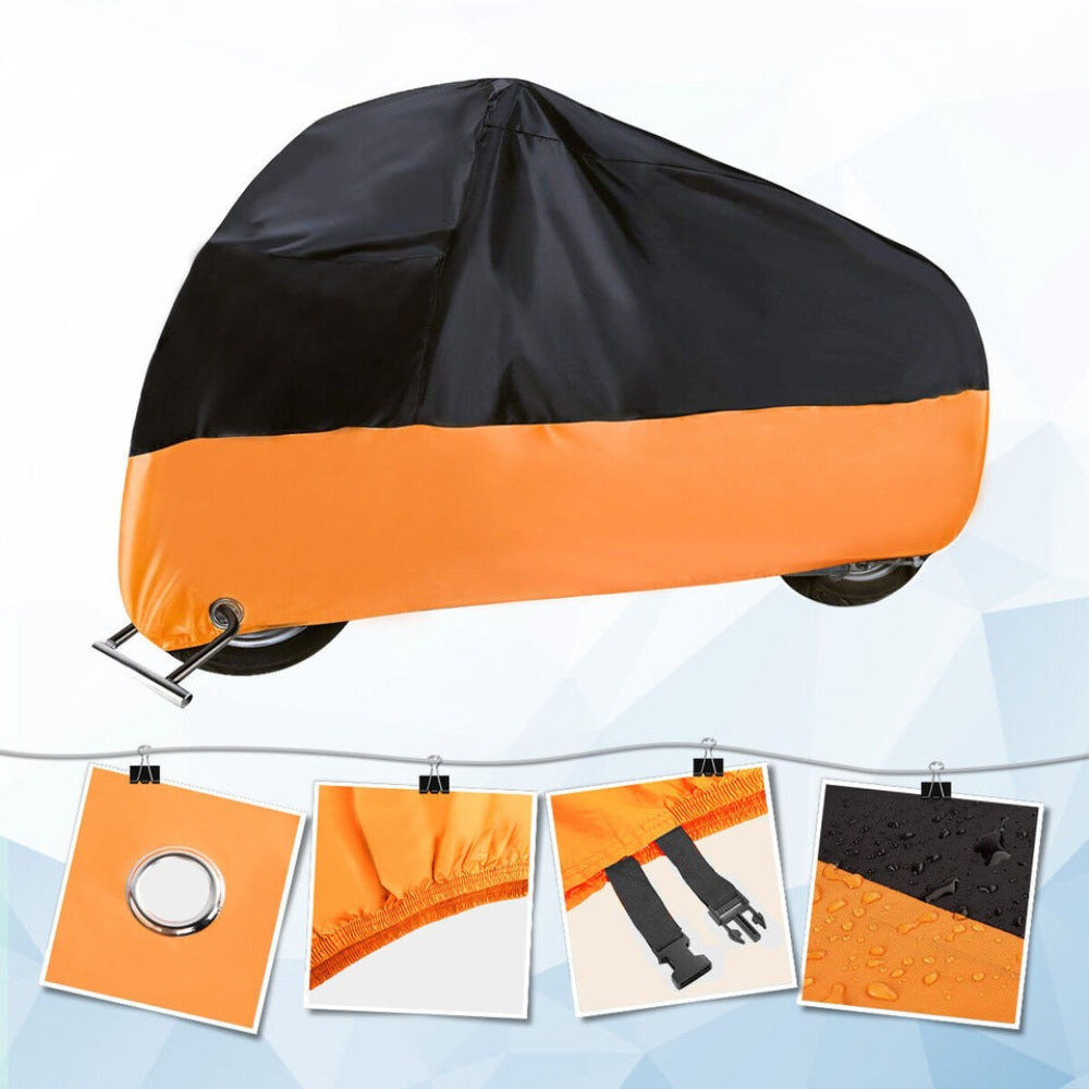 Motorcycle Cover 3XL Waterproof – 190T UV Protection, Tear-Resistant Fabric, Lock Holes, Outdoor Storage Cover with Towel | Black & Orange
