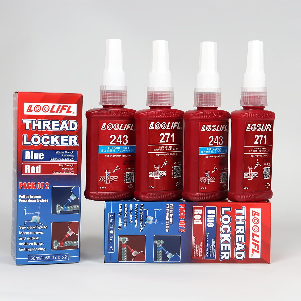 LOOLIFL Thread Sealant Threadlocker – 271 & 243 Formula | Pneumatic & Hydraulic Thread Lock for Bolts, Screws & Fittings | 4-Pack or 6-Pack