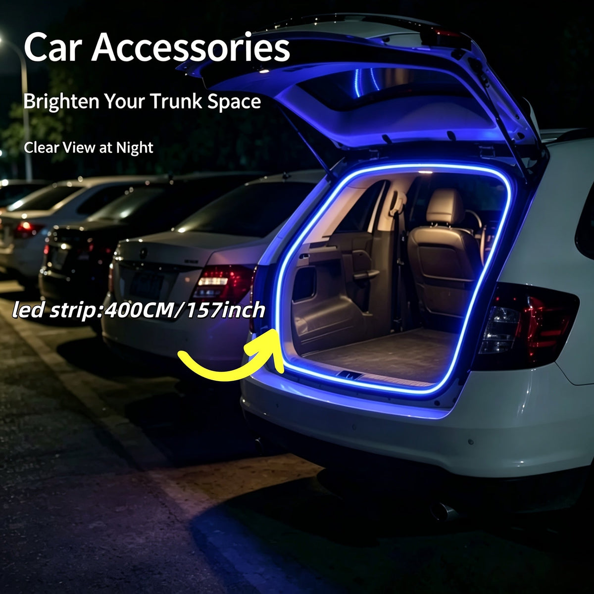 LED Trunk Light Strip for Cars – 400cm/157in Flexible High-Brightness White & Blue Atmosphere Light for All Car Trunks, No Battery Required