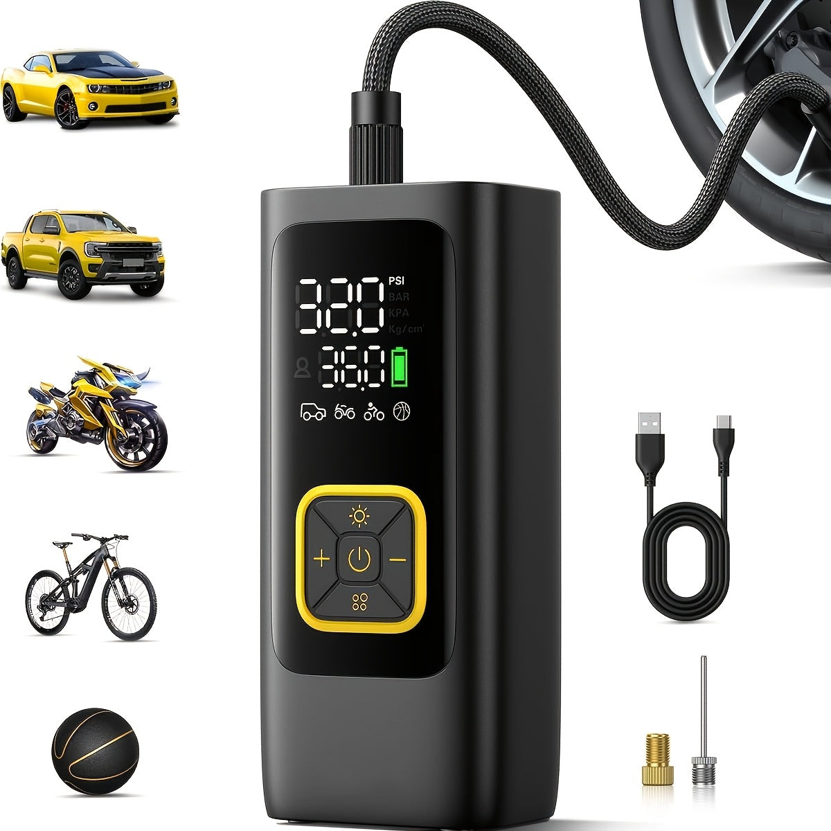 Portable Tire Inflator 210 PSI – Cordless Digital Air Pump with LED Light, 22 Cylinders, Rechargeable Battery for Car, Motorcycle, Bicycle & Ball