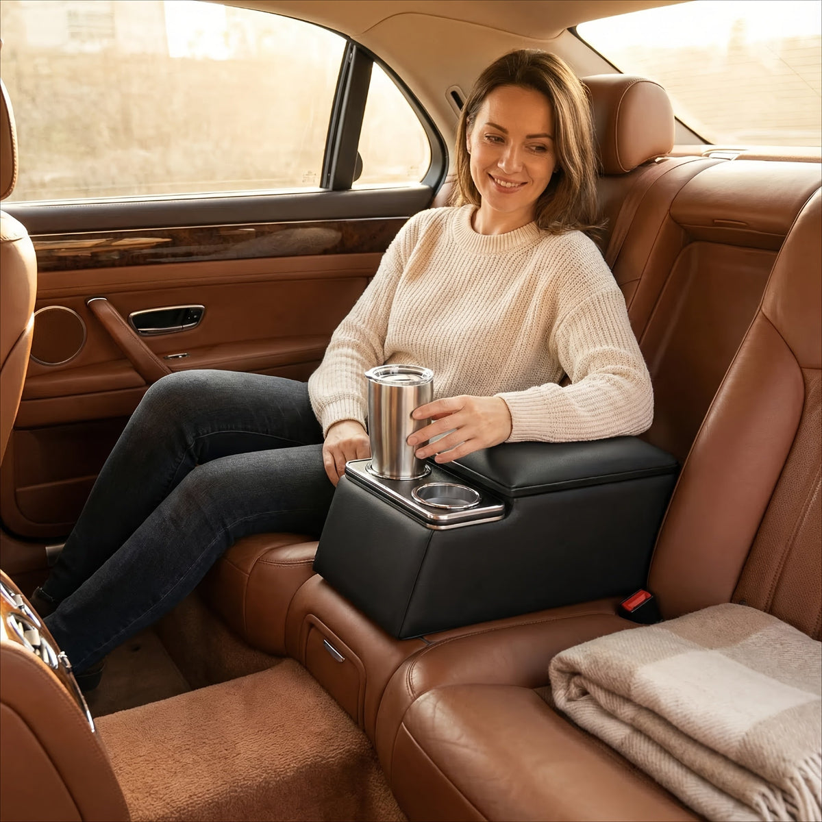 Universal Car Center Console Armrest Box - Rear Bench Seat Organizer with Cup Holder & Storage, Truck SUV Van, Black