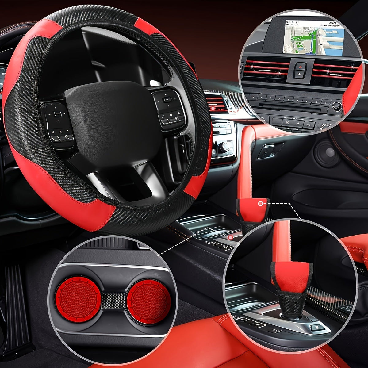 Car Steering Wheel Cover PU Carbon Fiber Interior Decorative Strip Air Vent Trim 30pcs Universal Fit for Most Vehicles Easy Install Blue Red