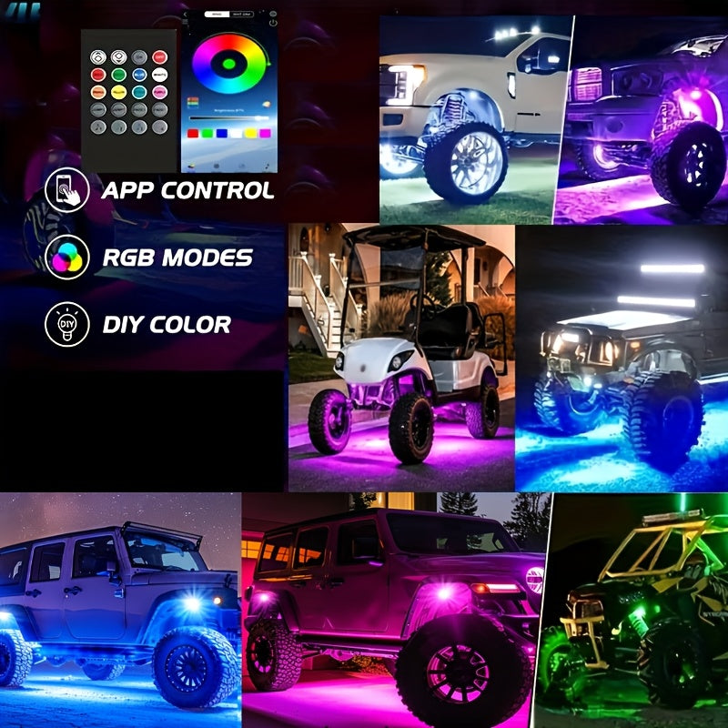 RGB LED Rock Lights 8pc or 4pc | 15 LED Per Pod App & Music Mode Underglow Kit for Trucks Jeeps UTVs SUVs Golf Carts 12V