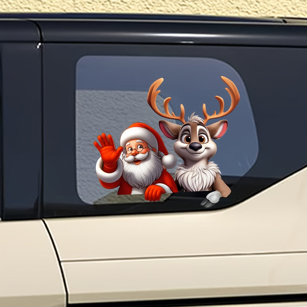 Christmas Car Stickers 2pcs – Santa Reindeer & Snowflake Decals for Car Window Truck SUV Glass Wall Door Holiday Decoration