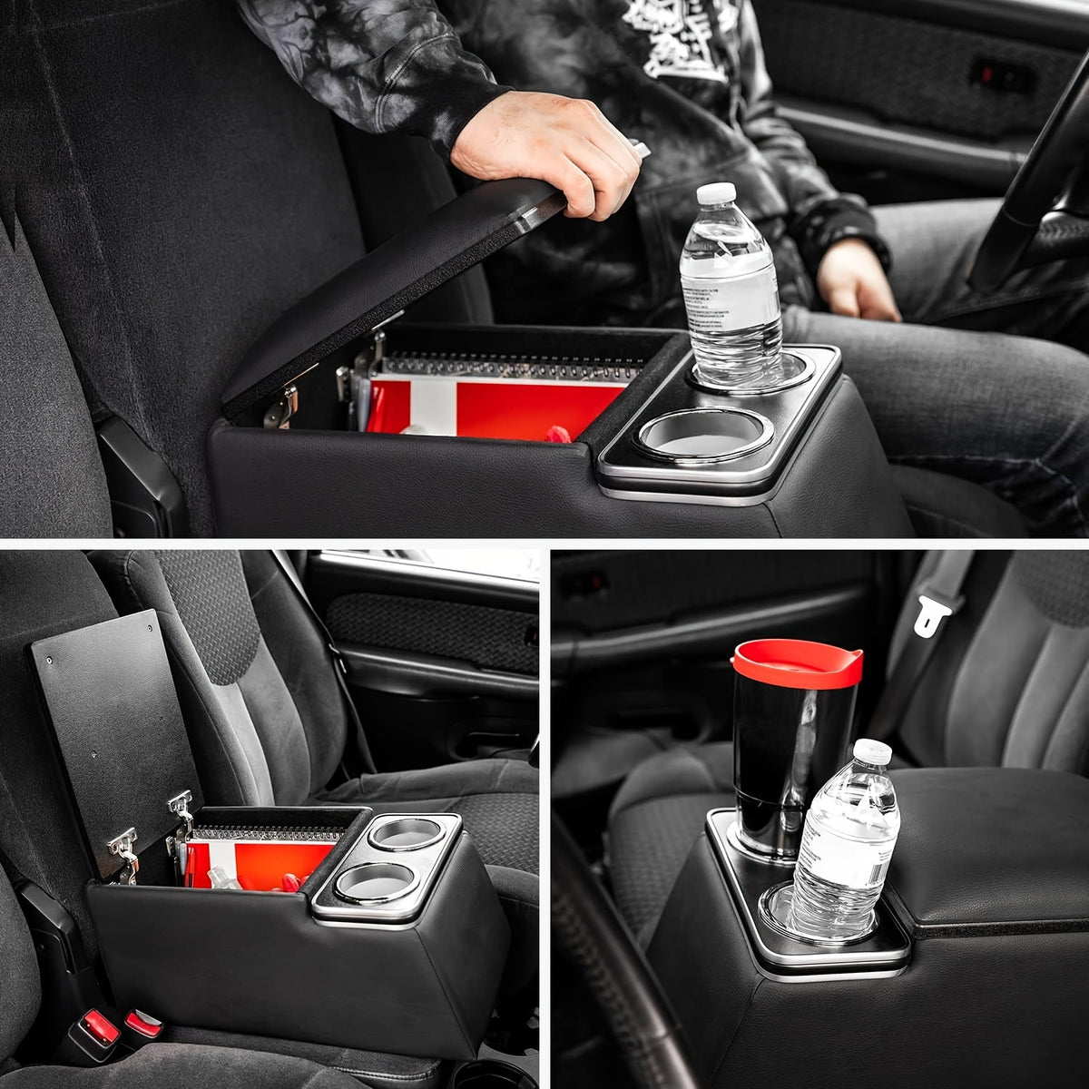 Universal Car Center Console Armrest Box - Rear Bench Seat Organizer with Cup Holder & Storage, Truck SUV Van, Black