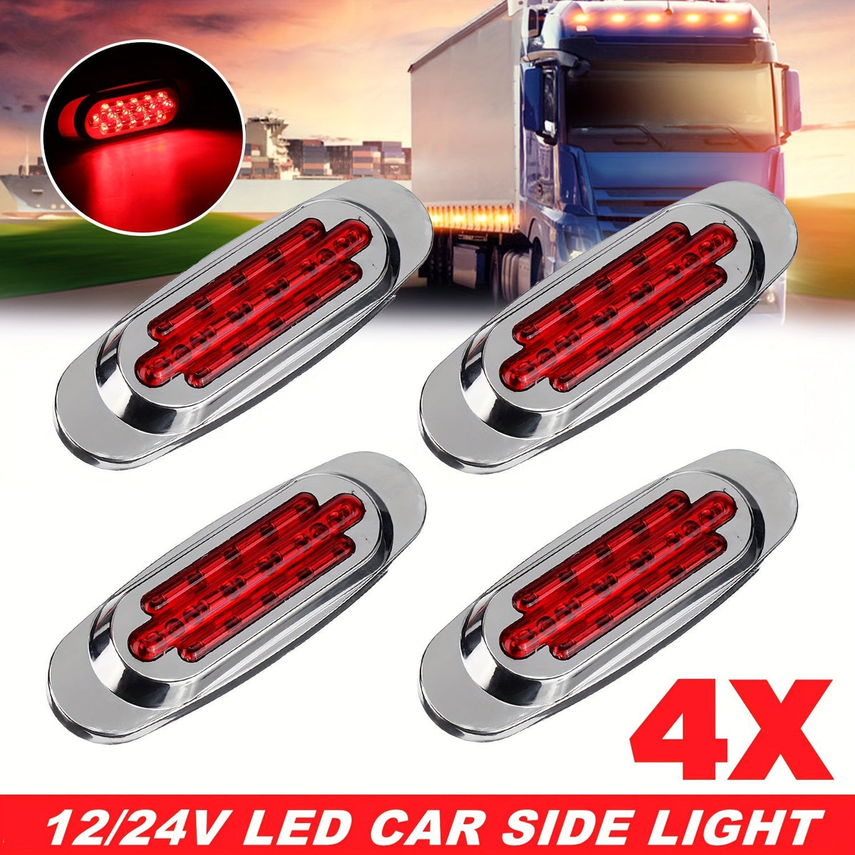 LED Side Marker Lights for Trucks & Trailers – 4pcs 16-LED Dual Mode Steady-On & Flash, 12-24V, Red White Blue Green Yellow