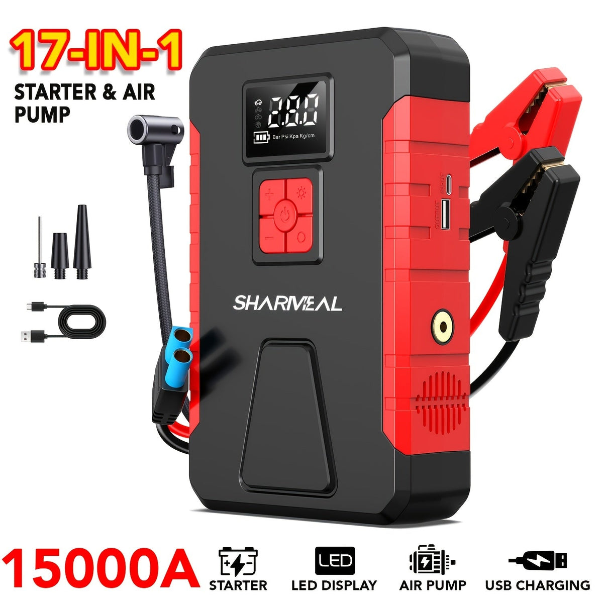 Portable Jump Starter with Air Compressor, 15000A-21000A Peak 350PSI 12V 17-in-1, Car Battery Charger with LED Light, for Cars Trucks SUVs