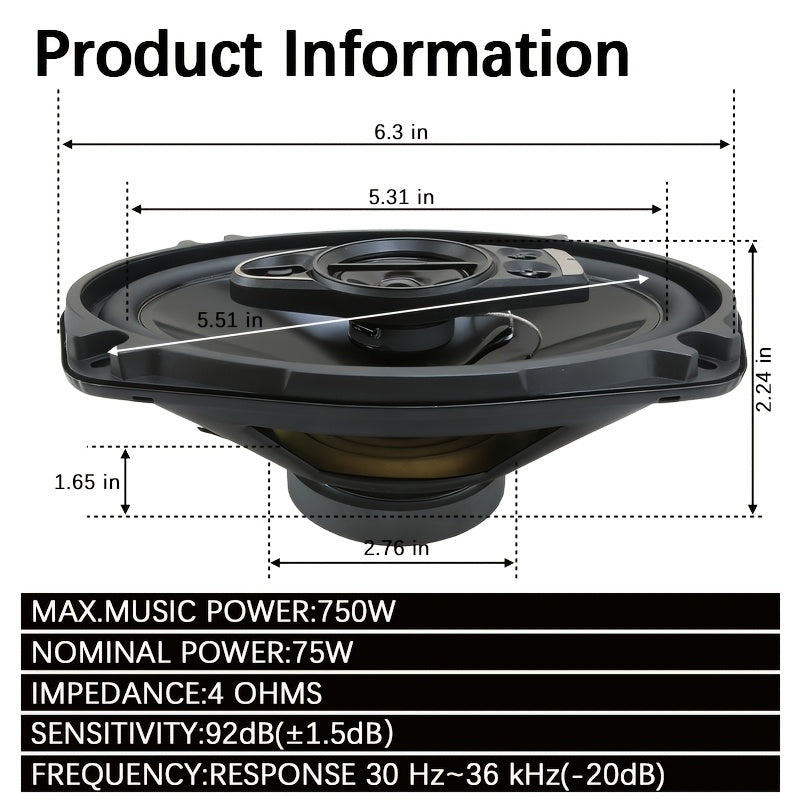6x9 Inch Coaxial Car Speakers 750W 5-Way Full Range – 2-Pack with Dust Cover & Audio Cable, 92dB 4-Ohm Stereo Door Speakers for Car Audio Upgrade
