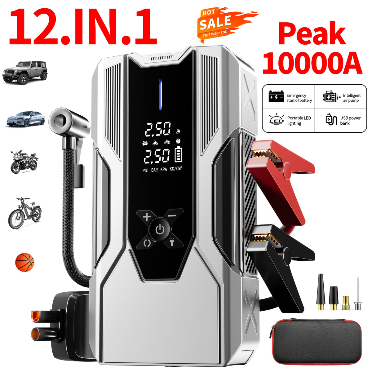 Jump Starter 10000A 12-in-1 – Portable Car Battery Booster with Air Pump, Flashlight & Power Bank for Cars, SUVs, Motorcycles & Diesel Engines