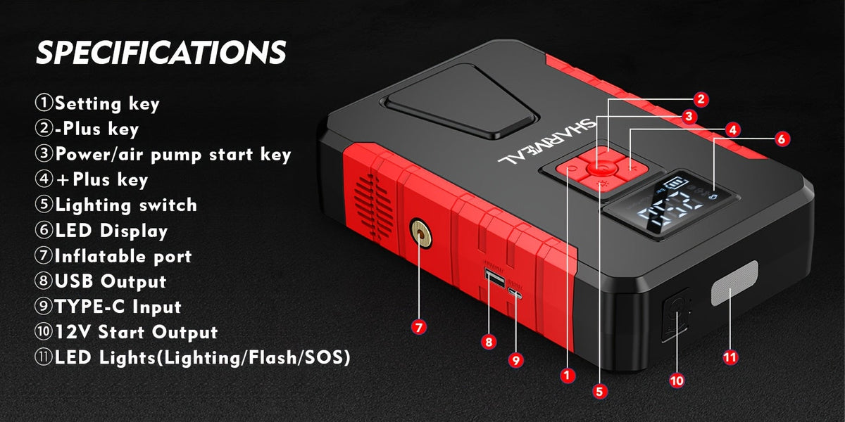 Portable Jump Starter with Air Compressor, 15000A-21000A Peak 350PSI 12V 17-in-1, Car Battery Charger with LED Light, for Cars Trucks SUVs