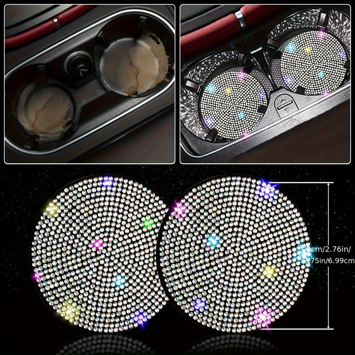 Bling Car Accessories Set for Women – 8pcs Rhinestone Steering Wheel Cover, Cup Coasters, Seat Belt Shoulder Pads, Starter Rings & Gear Shift Cover