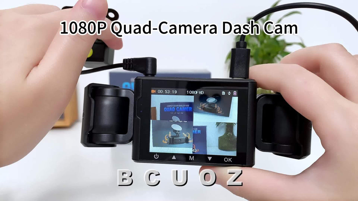 4-Lens 360° Dash Cam 1080P – Front Rear Left Right Coverage, 2.4" Quad-Split Screen, Super Night Vision WDR, G-Sensor Loop Recording, Optional 64GB Card