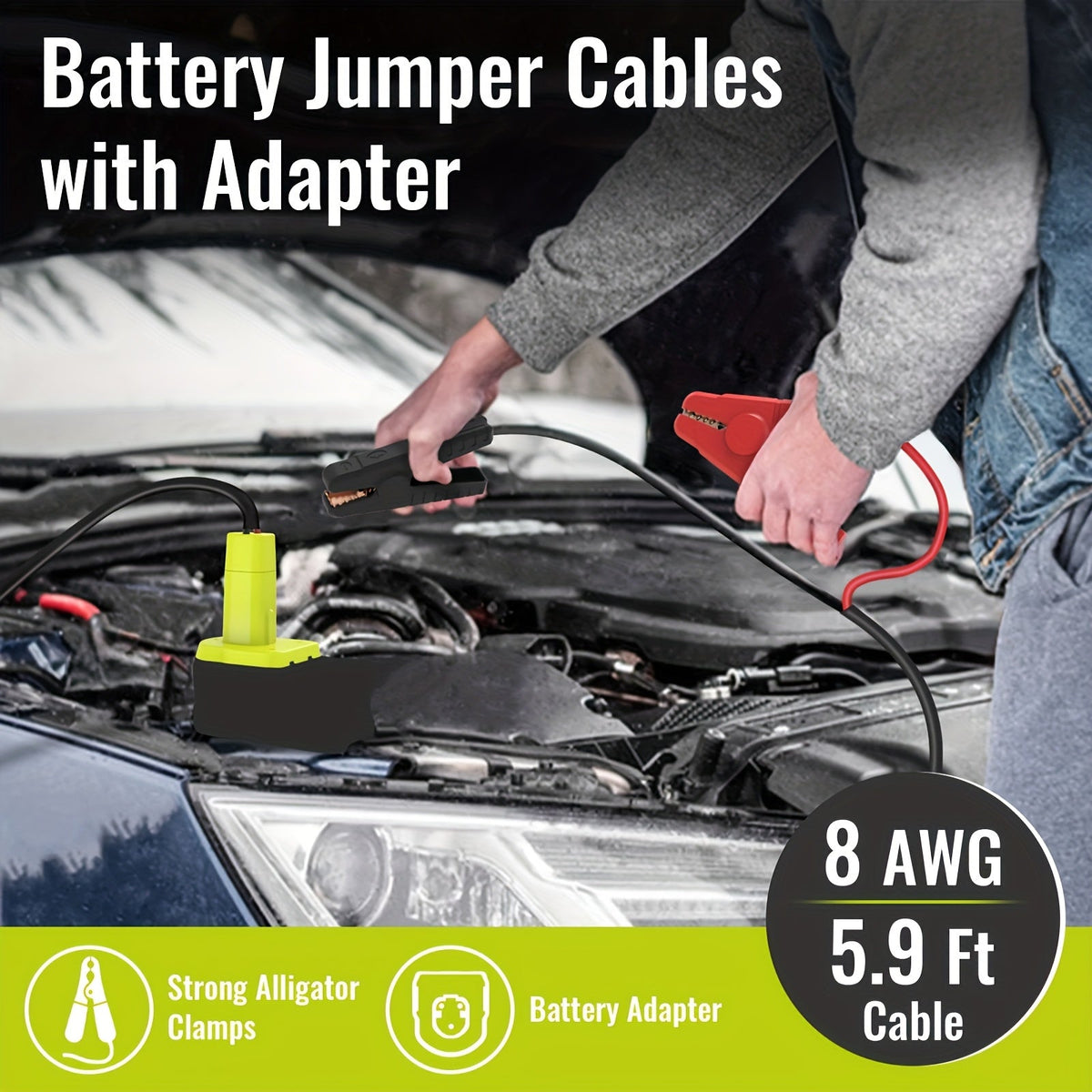 Jump Starter Cables Compatible with Ryobi 18V Battery, 8AWG 5.9FT Portable Booster Pack for Cars Light Trucks, Battery Not Included