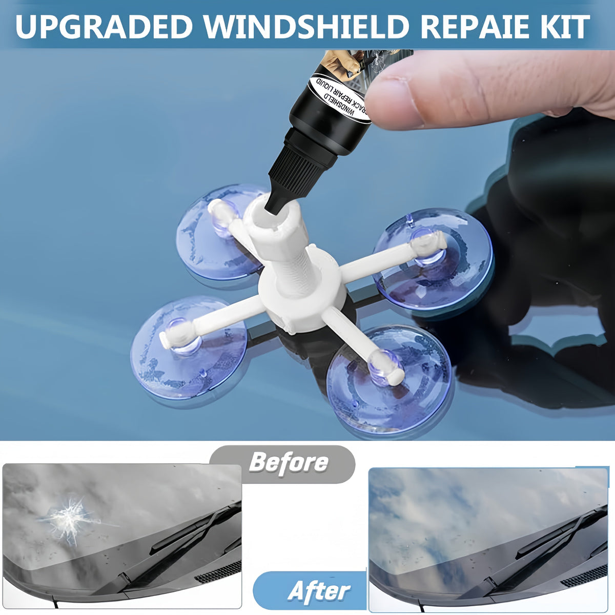 Windshield Repair Kit – DIY Chip & Crack Fix in 20 Min, Pressure Injector, Repair Fluid for Bullseye Star Half-Moon Cracks | Portable All-in-One Set