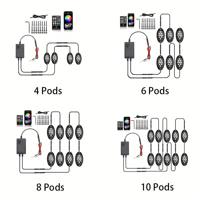 RGB LED Rock Lights Kit 9-LED Pods Sound-Activated App & Remote Control Multicolor Underglow Neon for Trucks SUVs Pickups Off-Road Vehicles 4 6 8 10pcs