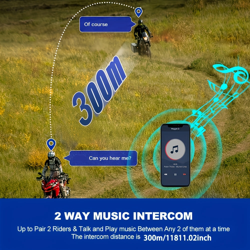 Motorcycle Helmet Headset 1000mAh Wireless Intercom Hands-Free Calls Music Voice Control Noise Cancelling HD Speakers Long Battery Life for Riders Black