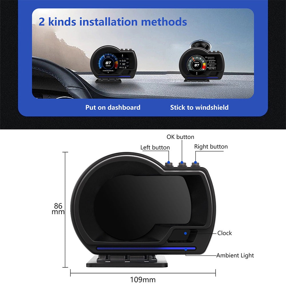 Car Head Up Display OBD2 + GPS Dual System HUD, Digital Windshield Speedometer with Water Temp Voltage RPM, Universal Heads-Up Display for Most Vehicles