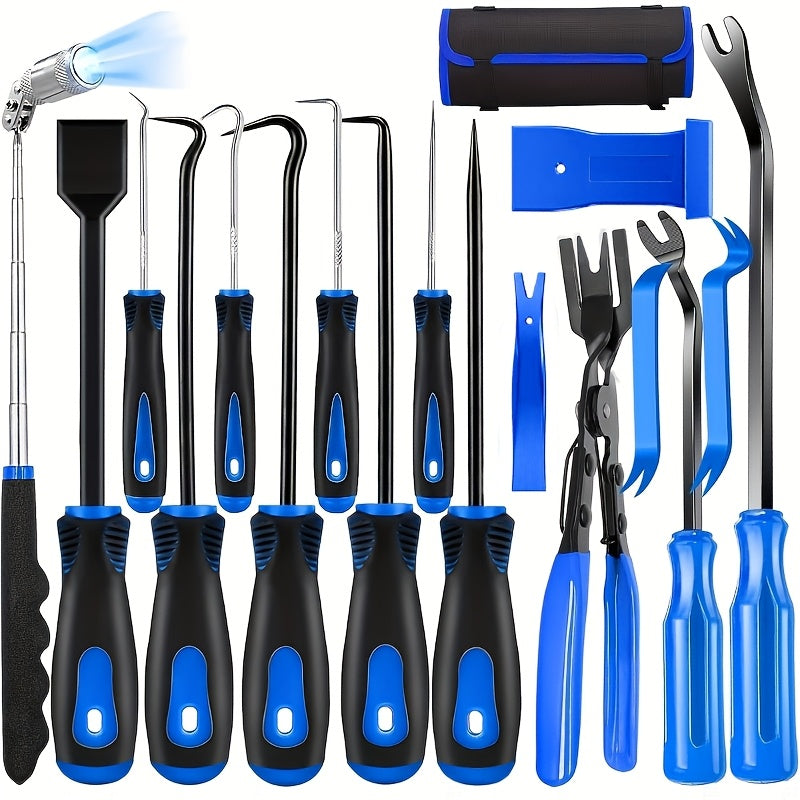 Auto Trim Removal Tool Kit 17Pcs, Car Panel Pry Tools with Picks Metal Scraper Magnetic Telescopic Pickup, for Car Dash Door Panel Bicycle Maintenance