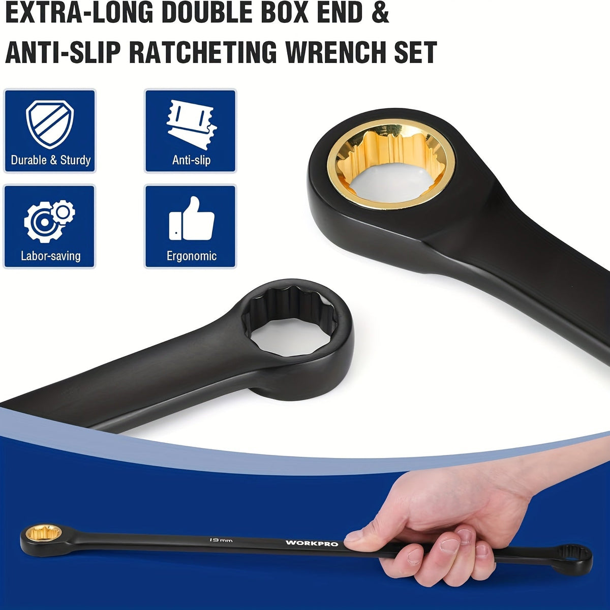 Ratcheting Wrench Set 10-Piece Extra Long Double Box Wrenches Metric 8-19mm 72-Tooth Cr-V Steel Anti-Slip with Rolling Pouch by WORKPRO
