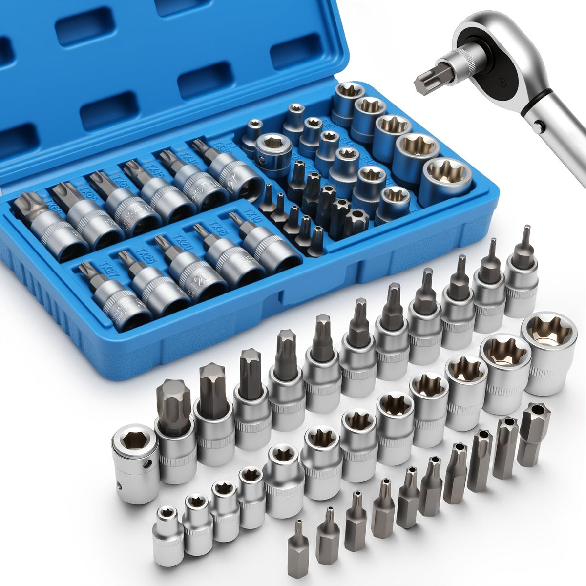 Torx Star Bit Socket Set 34/46-Piece – 3/8" Drive, CR-V & S2 Steel, E4–20 & T10–60, Tamper-Proof TT10–TT55, Adapter & Storage Case | Car & Home Use