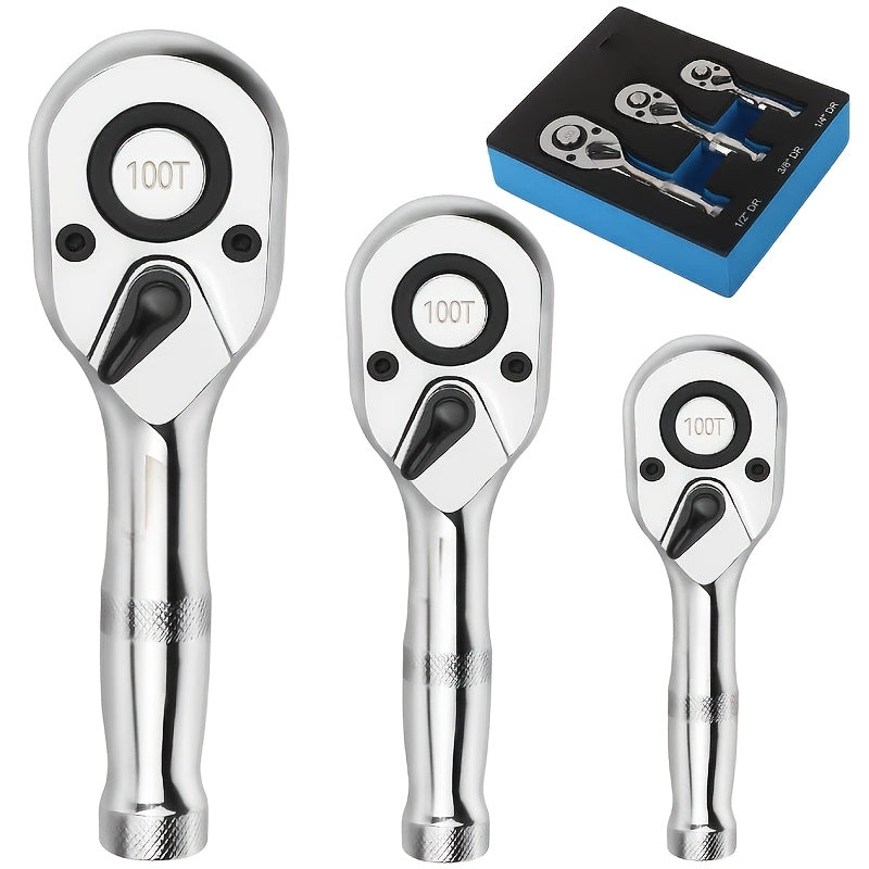 Flexible Ratchet Wrench Set 1/4" 3/8" 1/2" Drive, 72-Tooth Twist Head Ratchet with Extension Bar, 180° Adjustable Quick Release, EVA Foam Case, 3pcs/6pcs