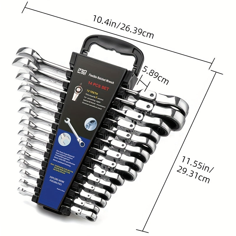 14-Piece SAE Flex Head Ratcheting Wrench Set – 1/4" to 7/8", 72-Tooth 5° Arc, Chrome Vanadium Steel, 180° Flex Head, with Organizer Rack