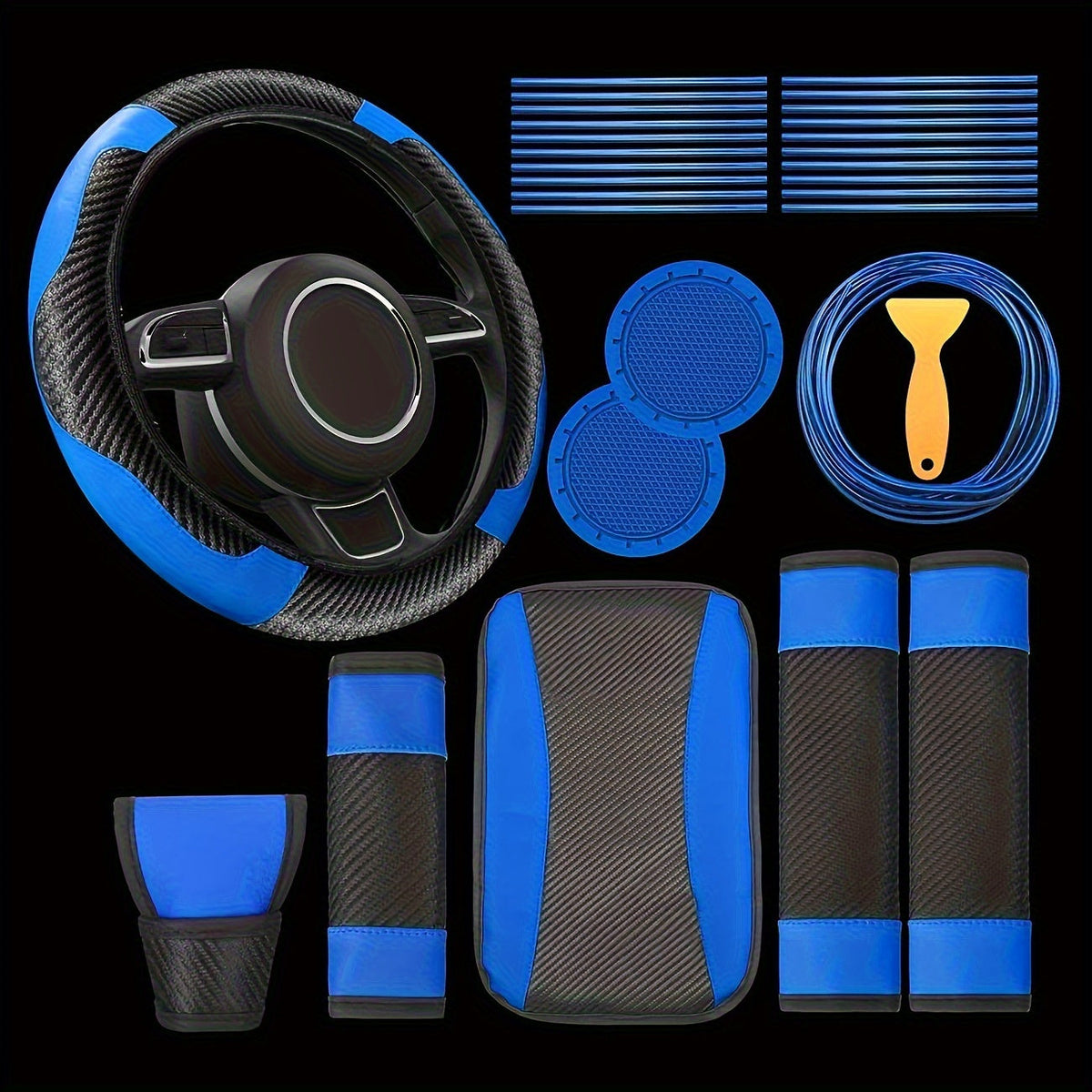 Car Steering Wheel Cover PU Carbon Fiber Interior Decorative Strip Air Vent Trim 30pcs Universal Fit for Most Vehicles Easy Install Blue Red