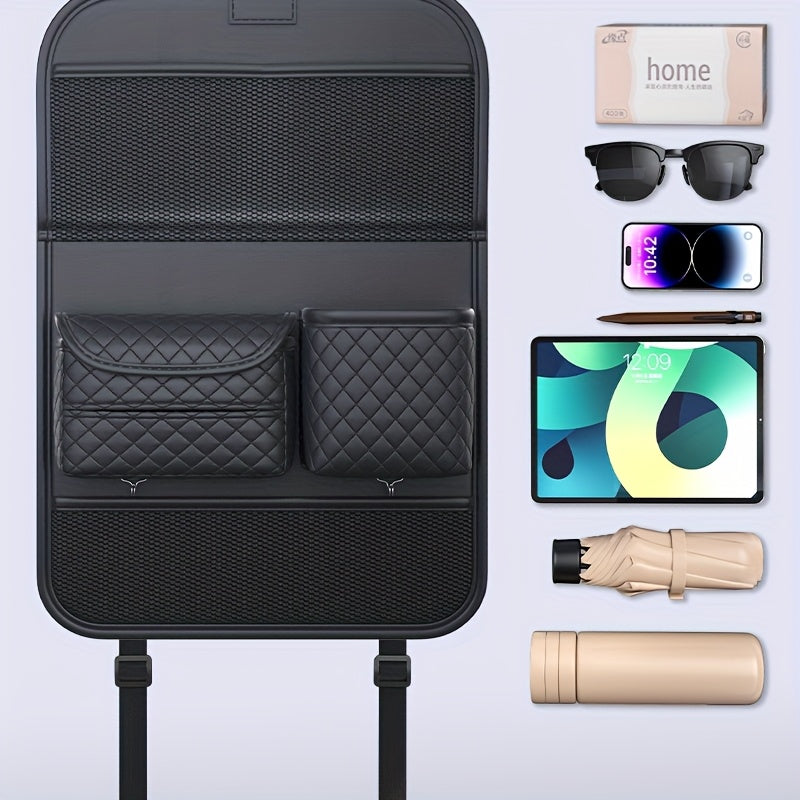 Car Seat Back Organizer Faux Leather with Tablet Holder Cup Holder Mesh Pockets Foldable Backseat Storage Bag for Kids Adults Universal Fit Black Beige Brown
