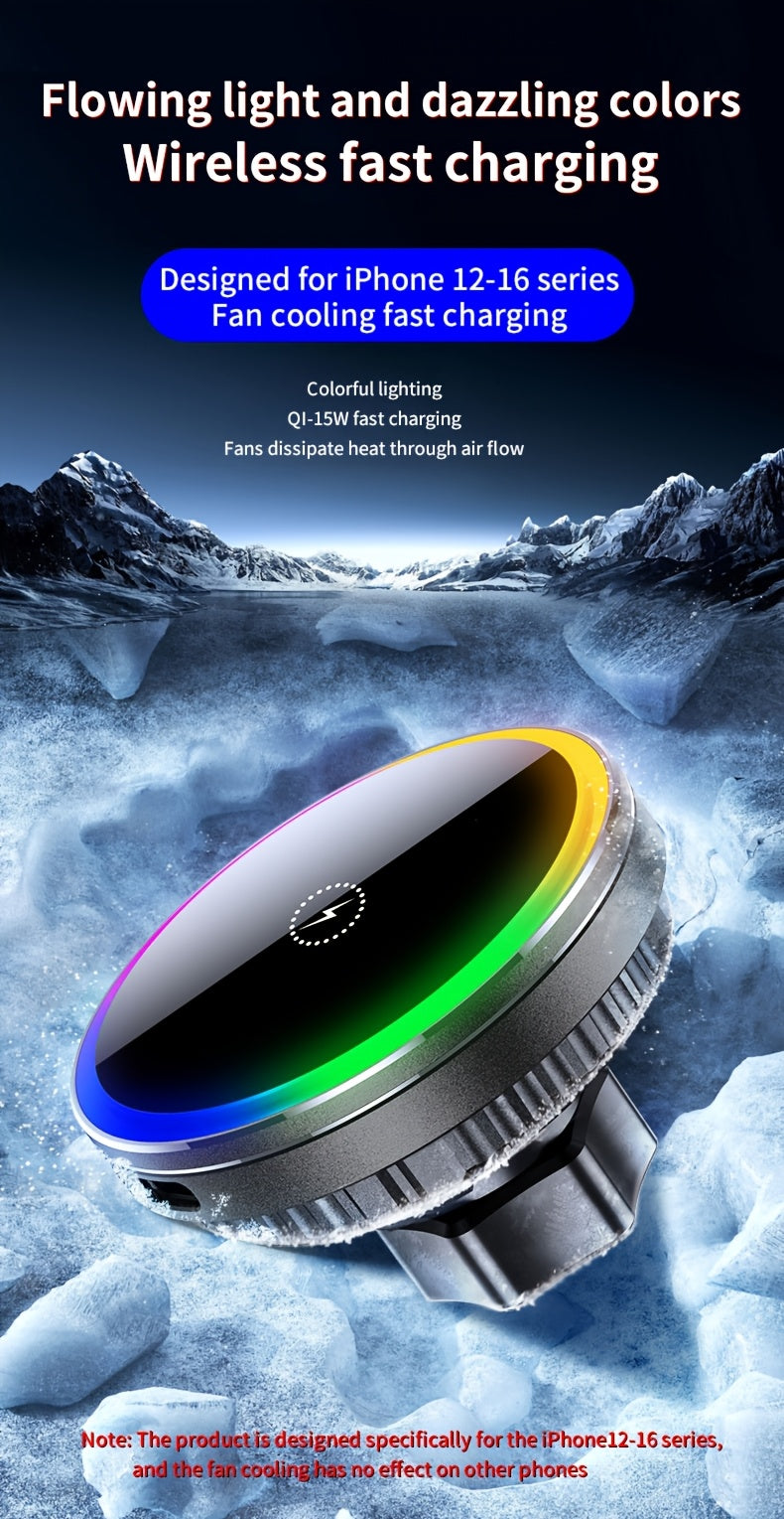 MagSafe Car Wireless Charger for iPhone 12-16, Magnetic Air Vent Mount, Qi1 Fast Charging, Dual Cooling Fans, Circular Design