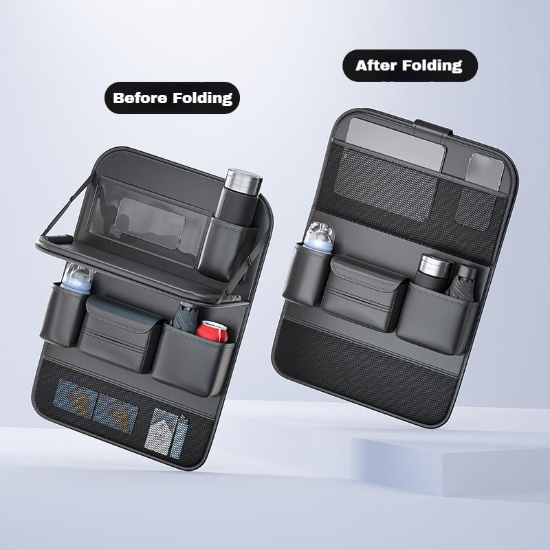 Car Seat Back Organizer with Foldable Table - Faux Leather Backseat Organizer with Tablet Stand, Kick Protector & Multi-Pocket Storage, Universal Fit, Black Gray Brown