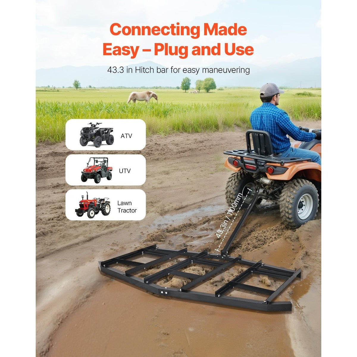 Tow Behind Drag Harrow 66"/74"/84" – Heavy-Duty Q235 Steel ATV UTV Tractor Pull Behind Rake for Gravel Driveway Lawn Arena Leveling