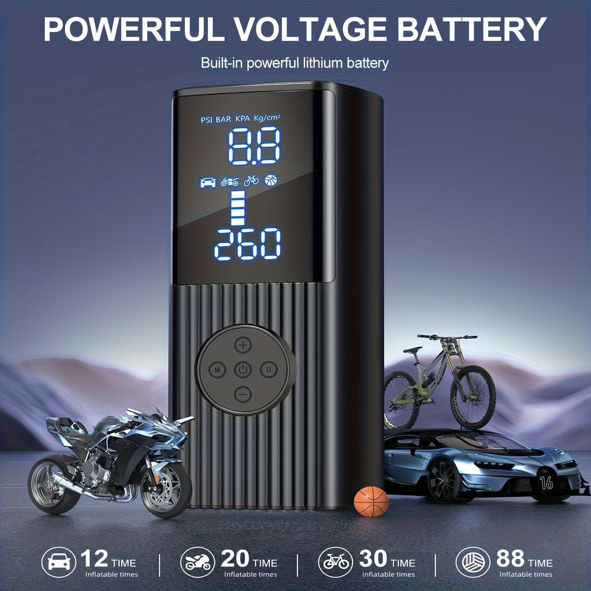 Portable Tire Inflator 210 PSI – Cordless Digital Air Pump with LED Light, 22 Cylinders, Rechargeable Battery for Car, Motorcycle, Bicycle & Ball