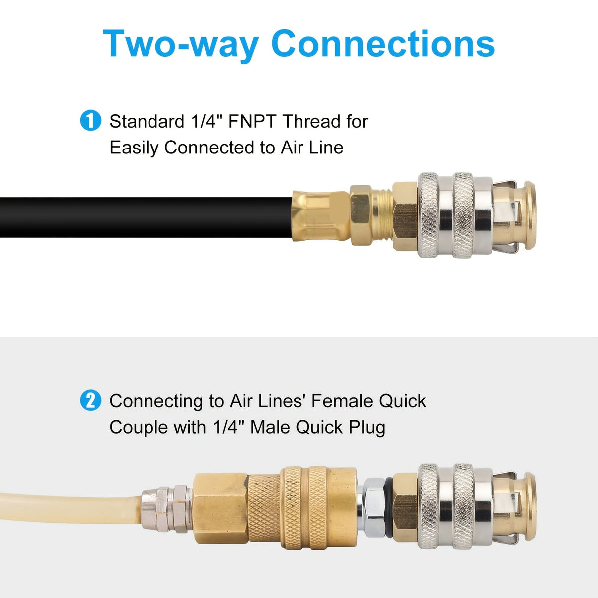 Brass Tire Valve Adapter 2Pc – Closed Flow Quick-Connect, 1/4" NPT Female Thread, 250 PSI, Fits Car Truck Bicycle Air Compressor Inflator