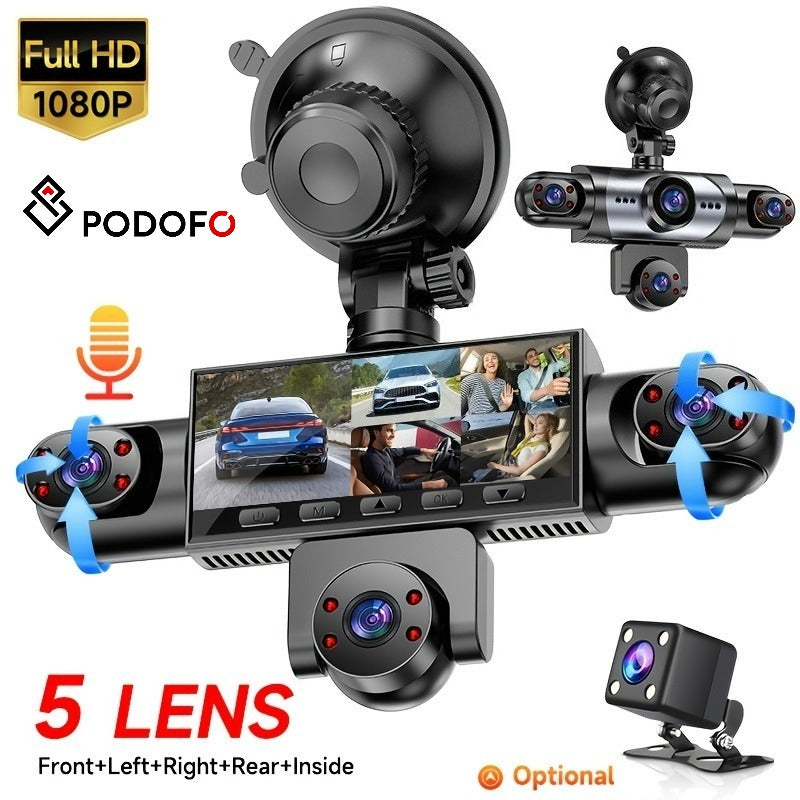 PODOFO 360° Dash Cam 5-Lens & 4-Lens 1080P, Front Rear Left Right Coverage, Loop Recording, Reverse Image, USB Powered — Optional 32G/64G Card