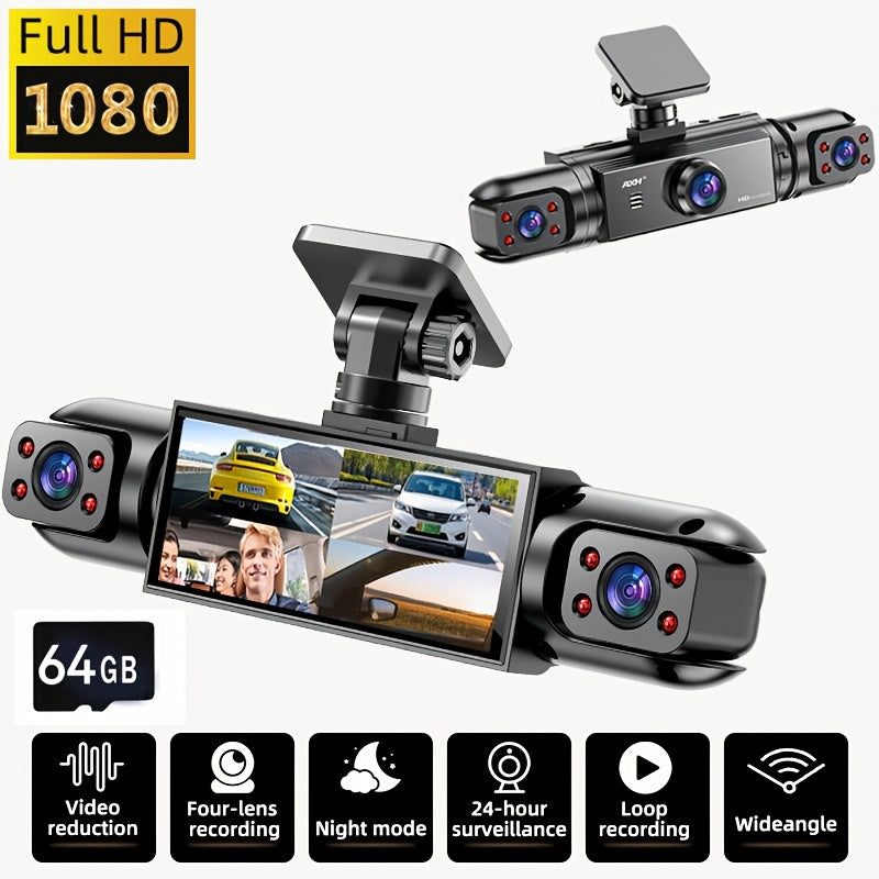 Dash Cam 360° Panoramic 3/4 Lens – 1080P HD Front + 720P Rear Left Right, Quad-Split Screen, Night Vision, G-Sensor, Loop Recording, WDR Car Camera