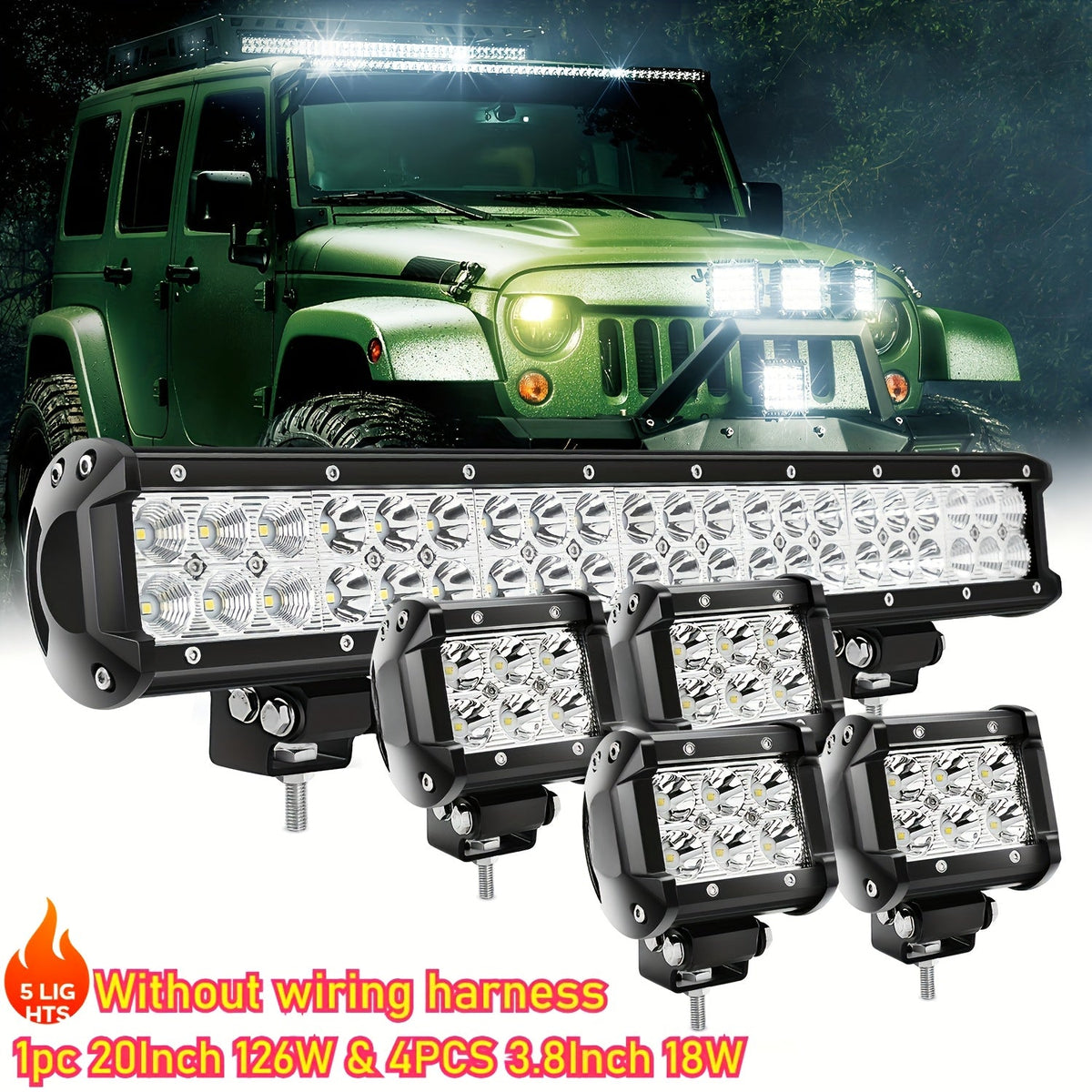 LED Light Bar Combo Kit 20" 126W + 4pcs 4" 18W Pods, Off-Road Work Lights for Jeep Wrangler Truck Boat Tractor Trailer, 500-800 Lumen, 36V, Wiring Harness Included