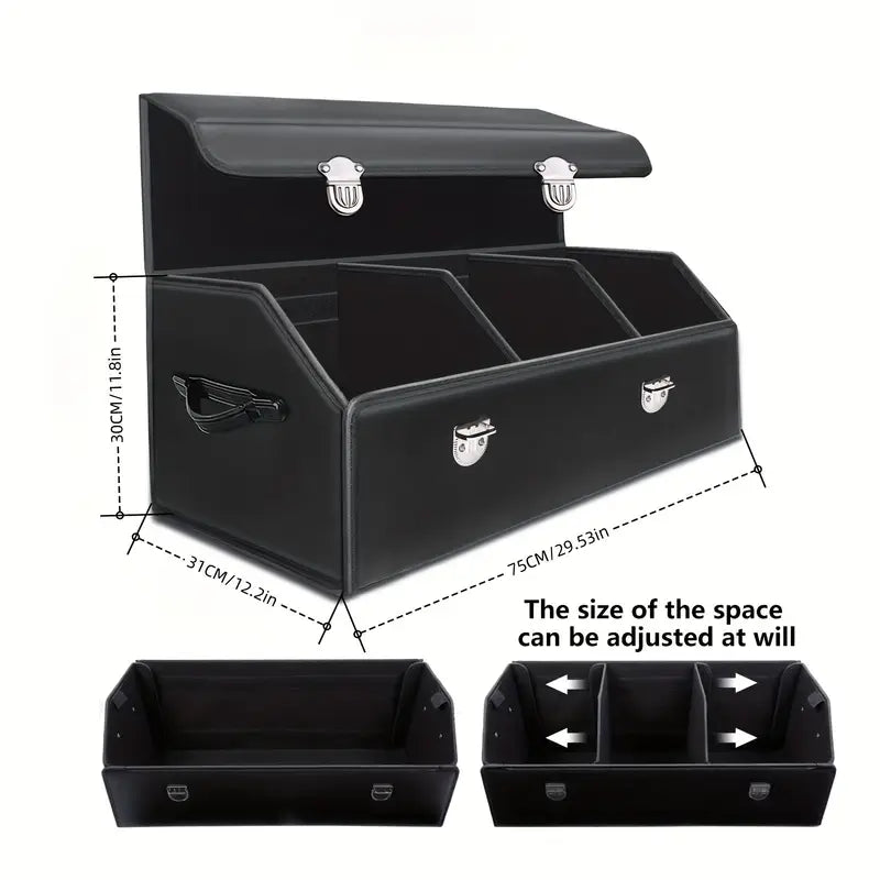 Car Trunk Organizer PU Leather Foldable 65L Large Capacity – Multi Compartment Adjustable Divider Storage Box for SUV Truck Car Grocery Road Trip