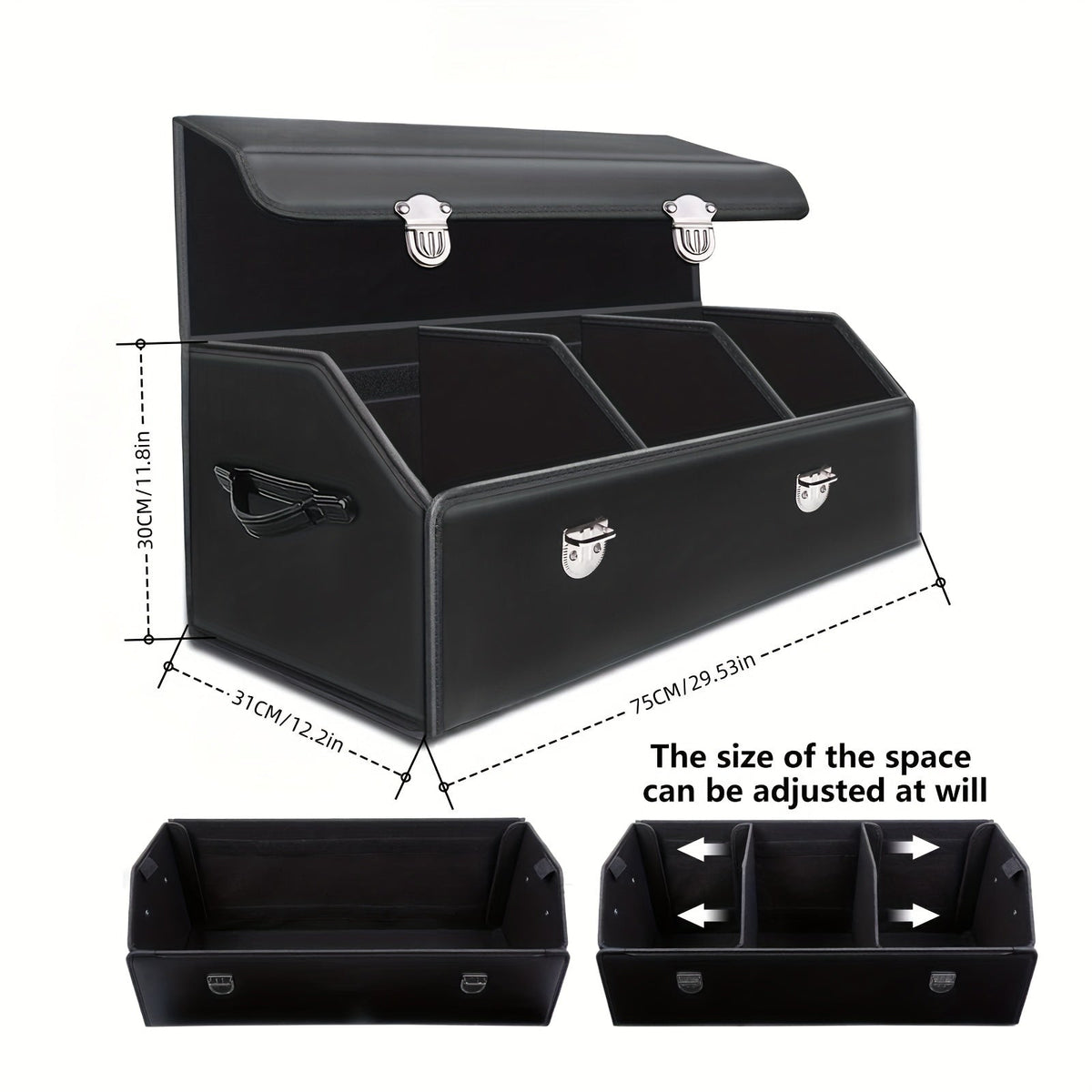 Car Trunk Organizer PU Leather Foldable 65L Large Capacity – Multi Compartment Adjustable Divider Storage Box for SUV Truck Car Grocery Road Trip