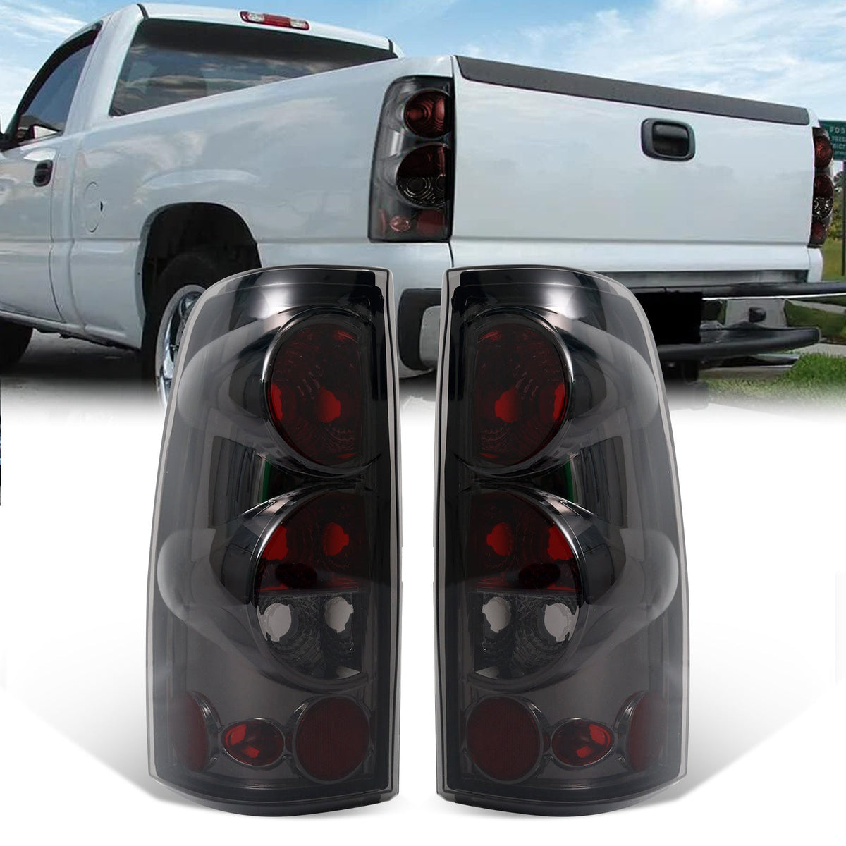 Tail Lights for Chevy Silverado 1500 2500 3500 1999-2006 & GMC Sierra 1999-2003, Direct Replacement Pair, Black Housing Red Lens / Smoked Gray, Polycarbonate Lens
