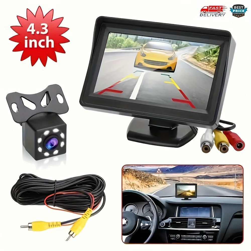 Backup Camera Kit with 4.3" Monitor – 8 LED Night Vision, Wide Angle Rearview Camera for Cars, Trucks & SUVs, HD Parking System