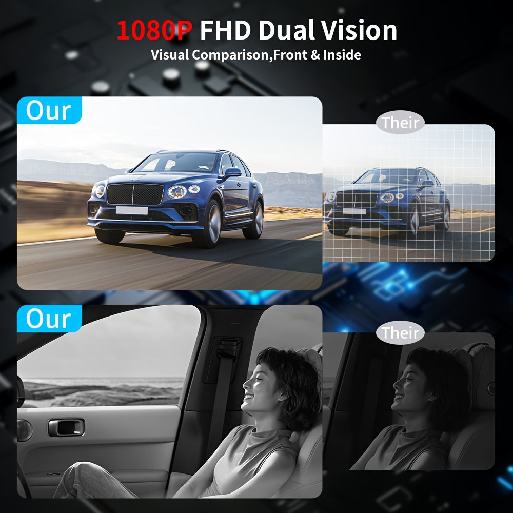 Dual Dash Cam 1080P HD Front & Cabin – 2" IPS Screen, 170° Wide Angle, ADAS, Night Vision, 24H Parking Mode, G-Sensor Loop Recording, No SD Card