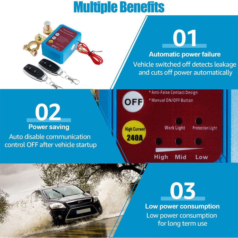 Remote Battery Disconnect Kill Switch 12V/24V 240A – Auto Cutoff at 11.8V, 433MHz Remote, Magnetic Latching, for Car, Truck, RV, ATV, Boat & Motorcycle