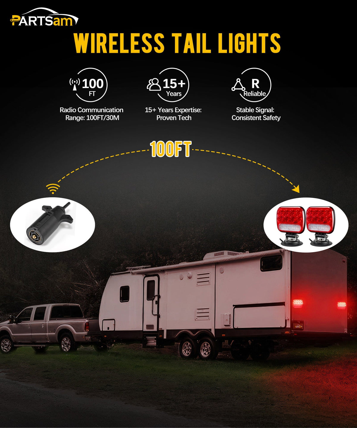 Wireless Magnetic Trailer Lights Kit 26 LED Stop Turn Brake Reverse 7-Pin Plug 12-24V IPX5 Waterproof for Trucks Trailers Towing