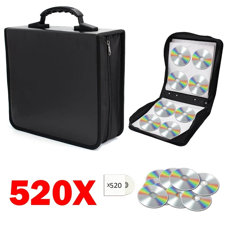 520-Slot CD DVD Holder Case PU Faux Leather – Large Capacity Disc Storage Bag with Zipper & Handle, Dust & Scratch Protection for Music, Movies & Games
