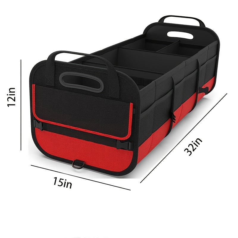 Foldable Car Trunk Organizer 95L 25gal 4 Compartments 2 Retractable Straps Collapsible Multi-Pocket Storage for SUV Truck Minivan Travel Camping Shopping Black