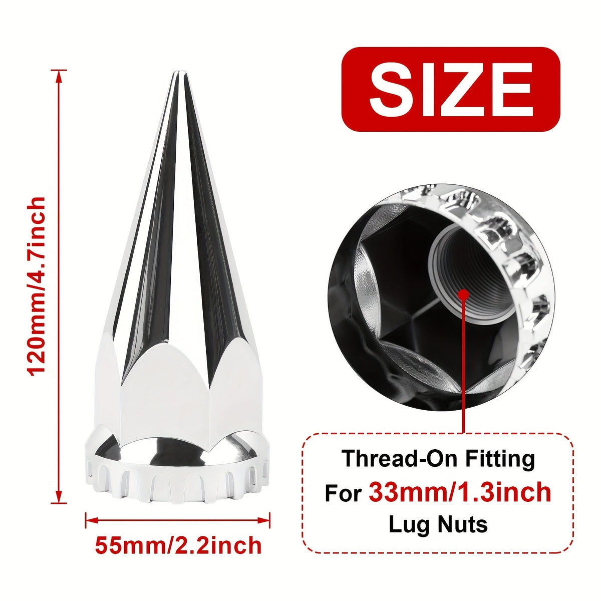 Spike Lug Nut Covers 33mm – Chrome ABS Screw-On Pointed Caps for Semi Trucks & Hub-Piloted Wheels, 60-Pack