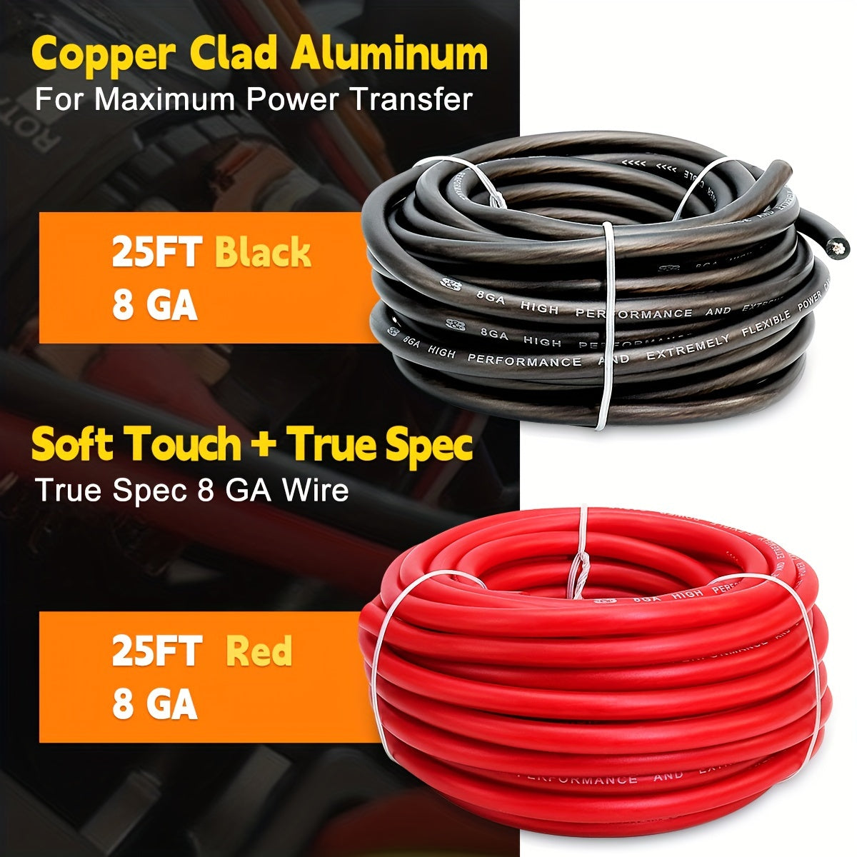 8 Gauge Wire 50ft CCA – 25ft Red & 25ft Black Power/Ground Cable for Car Audio, Amp, Speaker, Marine & Welding