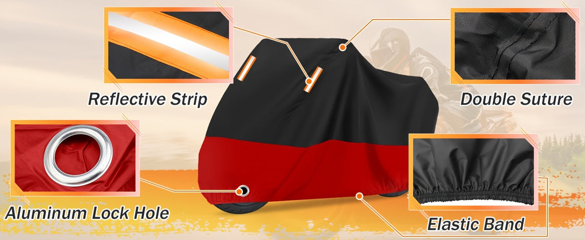 Motorcycle Cover 210D Oxford Cloth Waterproof All-Weather – Reflective Stripes for Harley Davidson Honda Suzuki Kawasaki Yamaha M & XXXL Black Red