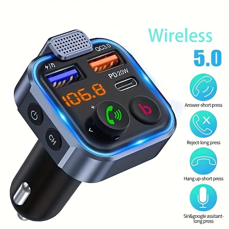 Bluetooth FM Transmitter for Car – Bluetooth 5.3, USB PD 20W Fast Charge, Dual Mic CVC Noise Reduction, Hi-Fi Stereo, 7-Color LED, MP3 Player & Hands-Free Calling